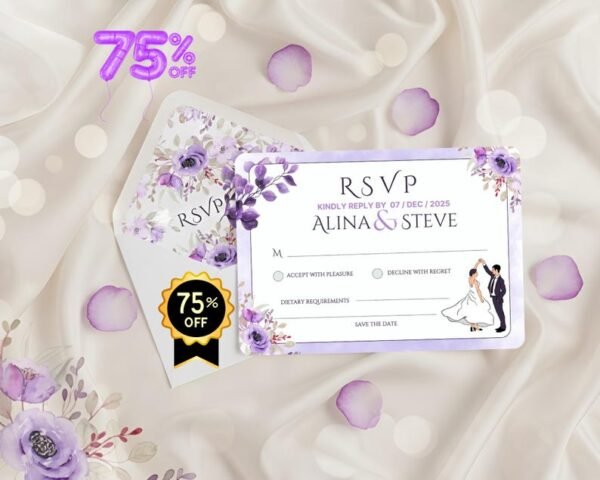 RSVP Template Printable | Editable Wedding Response Insert | Purple Floral Canva Card