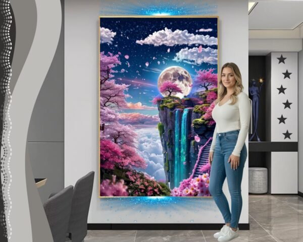 Fantasy Moonlight Wall Art | 40x60 Inch Large Canvas | Cherry Blossom & Waterfall Dreamy Home Decor | Magical Moon Landscape Print