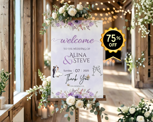 Editable Canva Welcome Sign Template - Purple Floral Minimalist Wedding Reception Printable Decor