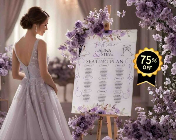 Purple Floral Wedding Seating Chart Template – Elegant Editable Canva Design (24x36, Instant Download)