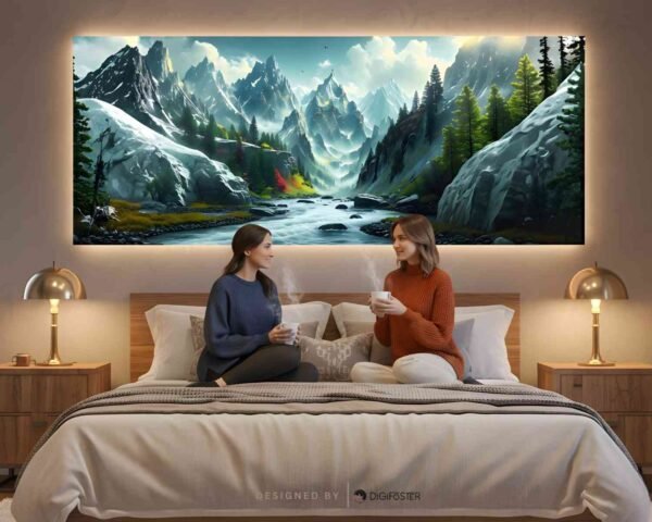 Snowy Mountain Valley – Extra Large Panoramic Printable Wall Art | 60×24 Inches Nature Wall Decor